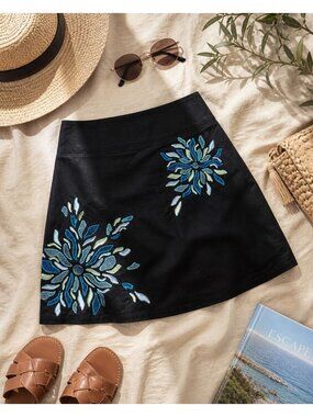 New Black Embroidered Mini Skirt Blue Floral A-Line High Waist Boho Chic Size 0